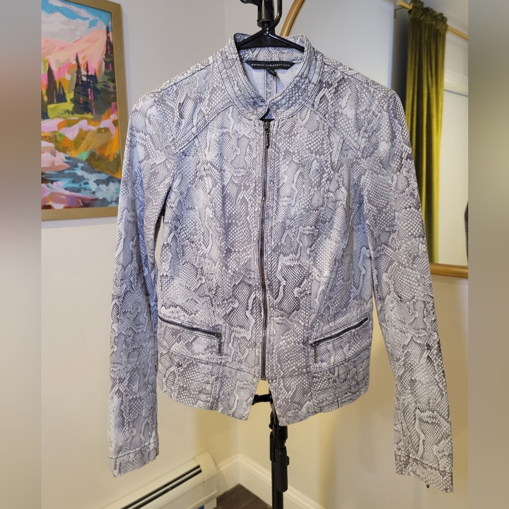 WHBM Gray Snake Print Moto Jacket Zip Wrist Edgy Chic Size 4